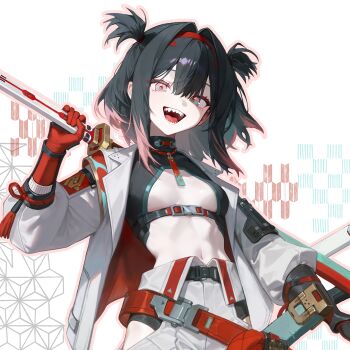 1girl absurdres black_survival commentary_request discuzz eternal_return:_black_survival green_eyes green_hair hair_between_eyes highres hisui_(black_survival) looking_at_viewer medium_hair multicolored_eyes navel open_mouth pink_eyes sharp_teeth smile solo teeth two-tone_eyes white_background