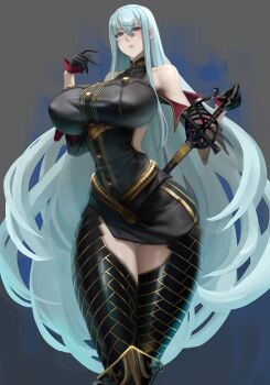 1girl :o alternate_breast_size_(larger) aura backless_outfit bare_shoulders black_gloves blue_aura breasts dark_background eu03 eyebrows_hidden_by_hair gloves hair_between_eyes huge_breasts long_hair looking_at_viewer military military_uniform open_mouth red_eyes selvaria_bles senjou_no_valkyria senjou_no_valkyria_(series) senjou_no_valkyria_1 sheath sheathed shield sidelocks simple_background sketch sketch_background skirt solo standing sword thighs underbust very_long_hair weapon white_hair wide_hips