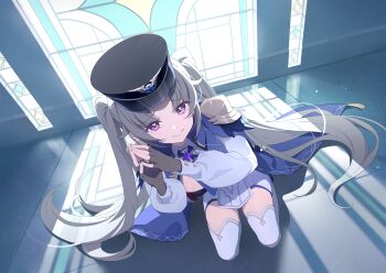 1girl black_hat blue_coat breasts coat dutch_angle fang full_body game_cg grey_hair hat highres large_breasts laru_(stella_sora) long_hair looking_at_viewer miniskirt non-web_source official_art own_hands_together purple_eyes raised_inner_eyebrows seiza sitting skin_fang skirt solo stained_glass stella_sora thighhighs twintails very_long_hair wavy_mouth white_skirt white_thighhighs window_shadow