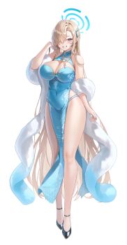 1girl absurdres alternate_costume asuna_(blue_archive) blue_archive blue_eyes blue_halo blue_nails blush breasts brown_hair china_dress chinese_clothes cleavage cleavage_cutout clothing_cutout covered_navel dress fingernails full_body halo highres large_breasts long_hair looking_at_viewer nail_polish pelvic_curtain ryu_o simple_background smile solo standing thighs very_long_hair white_background