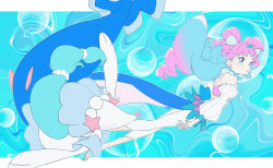 Rule 34 | 1girl, 35kawaiiprpr, absurdres, blue eyes, blue hair, bubble, commentary, creatures (company), crossover, cure la mer, eyelash ornament, from side, game freak, gen 7 pokemon, gradient hair, highres, laura la mer, long hair, long sleeves, looking at viewer, magical girl, miniskirt, multicolored clothes, multicolored eyes, multicolored hair, multicolored shirt, multicolored skirt, nintendo, off-shoulder shirt, off shoulder, open mouth, pantyhose, pearl hair ornament, pink eyes, pink hair, pokemon, pokemon (creature), precure, primarina, shirt, skirt, swimming, tropical-rouge! precure, underwater, very long hair, white pantyhose