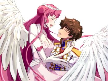 angel angel_wings blush breasts brown_hair cleavage closed_eyes code_geass collar couple dress euphemia_li_britannia feathered_wings flower frilled_collar frills gloves hair_bun head_wreath highres kururugi_suzaku long_sleeves moegi open_mouth pink_dress pink_hair rose short_hair simple_background smile white_background white_gloves white_wings wings