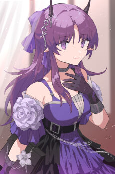1girl absurdres arknights belt black_belt black_gloves bra_strap breasts chest_belt choker commentary_request demon_horns dress dress_flower flower gloves hair_ribbon hibiscus_(arknights) hibiscus_the_purifier_(arknights) hibiscus_the_purifier_(romance_overflow)_(arknights) highres horns long_hair looking_at_viewer noshima official_alternate_costume pointy_ears purple_dress purple_eyes purple_flower purple_hair purple_ribbon ribbon solo upper_body