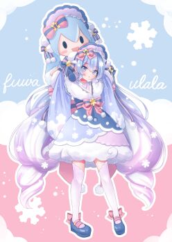 Rule 34 | 1girl, absurdres, aqua hair, blue bonnet, blue eyes, blue gloves, blue shoes, blush, bonnet, bow, commentary request, curly hair, dress, footwear bow, full body, fur-trimmed sleeves, fur trim, gloves, gradient legwear, hair between eyes, hair bow, hair ornament, half gloves, hatsune miku, highres, ikraaa 204, japanese clothes, kimono, layered dress, long hair, long sleeves, looking at viewer, multicolored hair, official alternate costume, official alternate hairstyle, open mouth, pink bow, pink hair, pink thighhighs, pom pom (clothes), pom pom hair ornament, shoes, short dress, short kimono, snowflake print, snowflakes, solo, streaked hair, stuffed toy, thighhighs, twintails, two-tone hair, very long hair, vocaloid, wide sleeves, yuki miku, yuki miku (2023), zettai ryouiki