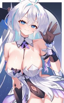 1girl absurdres ahoge arm_strap bare_shoulders blue_eyes breasts brown_gloves cleavage closed_mouth clothing_cutout commission cowboy_shot detached_collar diamond-shaped_pupils diamond_(shape) dress gimseol gloves hand_up highres large_breasts long_hair looking_at_viewer multicolored_hair navel navel_cutout original second-party_source short_dress smile solo strapless strapless_dress streaked_hair symbol-shaped_pupils thigh_gap very_long_hair white_dress white_hair