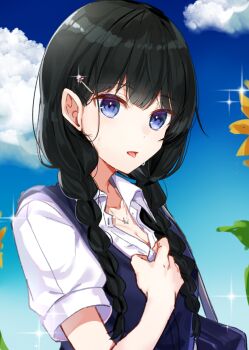 1girl black_hair blue_background blue_eyes blue_sky blue_sweater_vest braid breasts cleavage cloud collared_shirt commentary_request gradient_background hair_ornament hair_over_shoulder hairclip hand_up hot jewelry long_hair looking_at_viewer loose_hair_strand low_twin_braids medium_breasts necklace nijisanji open_mouth partially_unbuttoned shirt short_sleeves sky solo sparkle sweat sweater_vest tongue tongue_out tsukino_mito tsukino_mito_(summer_uniform) twin_braids unbuttoning upper_body virtual_youtuber white_shirt zyenokana