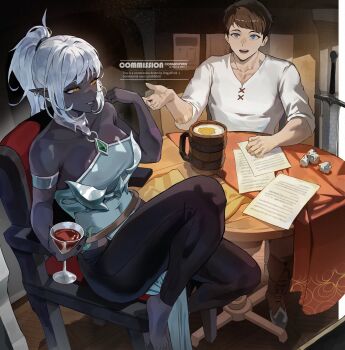 1boy 1girl absurdres aqua_dress arm_strap bare_shoulders barefoot beer_mug black_leggings black_nails black_pants blue_eyes boots brown_hair chair commission covered_navel cup dark-skinned_female dark_skin dress drinking_glass earrings gem green_gemstone highres indoors jewelry leggings long_hair mug open_mouth original pants paper park_ongjol parted_lips pelvic_curtain pointy_ears ponytail shirt short_hair sidelocks silver_choker sitting strapless strapless_dress sword table tablecloth toes twitter_username weapon white_hair white_shirt wine_glass wooden_table yellow_eyes