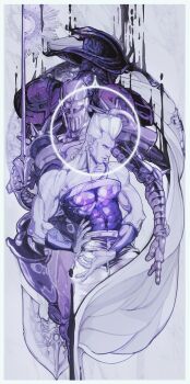 1boy 2others absurdres armor arrow_(jojo) arrow_(projectile) aura bare_shoulders border bracer broken_heart chariot_requiem chinese_commentary circle closed_mouth commentary commentary_request covered_abs dark_aura earrings facing_away fingernails flattop ginsky2000 heart highres holding holding_sword holding_weapon jean_pierre_polnareff jewelry jojo_no_kimyou_na_bouken looking_at_viewer looking_away looking_to_the_side male_focus monochrome multiple_others muscular muscular_male pants pectorals purple_theme rapier silver_chariot single_strap sleeveless spikes stand_(jojo) sword symbol-only_commentary weapon white_border
