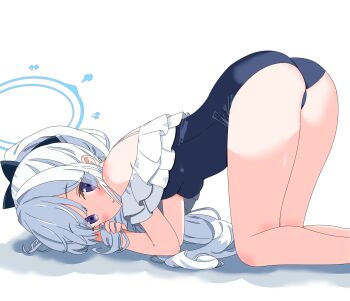 1girl absurdres all_fours blue_archive blue_halo blue_one-piece_swimsuit bow casual_one-piece_swimsuit commentary_request frilled_one-piece_swimsuit frills from_side hair_bow halo highres looking_at_viewer masushi_masashi miyako_(blue_archive) miyako_(swimsuit)_(blue_archive) off-shoulder_one-piece_swimsuit off_shoulder official_alternate_costume one-piece_swimsuit purple_eyes solo swimsuit white_background white_hair