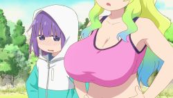 1boy 1girl age_difference animated anime_screenshot blush bouncing_breasts breasts closed_eyes dragon_girl dragon_horns exercising hand_on_own_hip hetero highres hood hoodie horns kobayashi-san_chi_no_maidragon large_breasts looping_animation lucoa_(maidragon) magatsuchi_shouta onee-shota outdoors shota size_difference squatting staring video