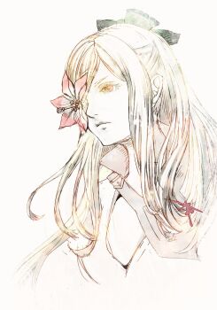 1girl black_bow bow closed_mouth drag-on_dragoon drag-on_dragoon_3 flower flower_over_eye hair_bow long_hair pink_eyes pink_flower ruka_(blueplus84) simple_background solo symbol_in_eye white_background white_hair zero_(drag-on_dragoon)