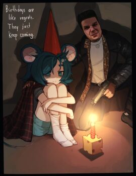 Rule 34 | 1boy, 1girl, absurdres, animal ears, black border, black coat, black hair, black pants, blue eyes, blue hair, blue shorts, border, candle, cheese, closed mouth, coat, commentary, english commentary, english text, food, grey shirt, gun, hair ornament, hairclip, hand on another's shoulder, handgun, hat, highres, holding, holding gun, holding weapon, hugging own legs, long sleeves, looking at viewer, max payne, max payne (character), max payne (series), mouse ears, mouse girl, mouse tail, open clothes, open coat, original, pants, parasoru buruu, party hat, shirt, short hair, short sleeves, shorts, sitting, smile, socks, t-shirt, tail, weapon, white socks