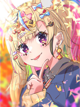 1girl animal_ears black_streaks blonde_hair blue_cardigan blush cardigan commentary_request decora fox_ears fox_girl heart heart-shaped_pupils highres hololive long_hair multicolored_hair omaru_polka pink_streaks purple_eyes shirt solo streaked_hair symbol-shaped_pupils tongue tongue_out u_da_desu virtual_youtuber white_shirt