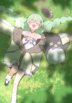 1girl :d absurdres bare_shoulders bell beret black_choker black_hat black_shoes braid choker collarbone commentary_request dappled_sunlight dress foot_out_of_frame frilled_dress frills green_hair hat highres jacket leg_up long_hair loose_socks low_twin_braids lying medium_dress multicolored_hair nazuna_(stella_sora) neck_bell numumu183128 off_shoulder on_back on_grass on_ground open_mouth outstretched_arms sherlock_(stella_sora) shoes sleeveless sleeveless_dress smile socks solo spread_arms stella_sora streaked_hair stuffed_animal stuffed_penguin stuffed_toy sunlight twin_braids unworn_hat unworn_headwear very_long_hair white_dress white_socks white_streaks yellow_jacket