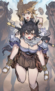 Rule 34 | 2girls, black hair, blonde hair, blue shirt, boots, breasts, brown boots, brown hat, brown skirt, carrying, commentary request, fang, hair ears, hand on another's shoulder, hat, headphones, highres, horse, horse girl, horse tail, kurokoma saki, large breasts, looking at viewer, low ponytail, multiple girls, open mouth, ponytail, red eyes, running, scarf, shirt, shishui guima, shoulder carry, skin fang, skirt, smile, sweat, tail, touhou, toyosatomimi no miko, unworn hat, unworn headwear, yellow eyes