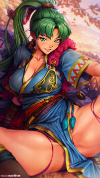1girl absurdres breasts cleavage ecchistar fire_emblem fire_emblem:_the_blazing_blade green_eyes green_hair highres large_breasts looking_at_viewer lyn_(brave_lady)_(fire_emblem) lyn_(fire_emblem) lyndis_(fire_emblem) nintendo ponytail spread_legs thick_thighs thighs