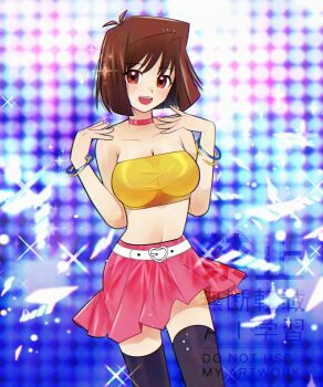 1girl :d bandeau bare_shoulders belt belt_buckle black_thighhighs blush breasts brown_hair buckle choker cleavage collarbone commentary cowboy_shot english_commentary heart heart-shaped_buckle highres large_breasts looking_at_viewer mazaki_anzu midriff navel open_mouth pink_choker pink_skirt red_eyes rikka_(user_hruv2435) short_hair skirt smile solo thighhighs twitter_username watermark white_belt yellow_bandeau yu-gi-oh! yu-gi-oh!_duel_monsters zettai_ryouiki