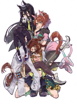 4girls agnes_tachyon_(tach-nology)_(umamusume) agnes_tachyon_(umamusume) ahoge animal_ears bandeau black_coat black_gloves black_hair black_leggings black_necktie black_pantyhose black_shirt black_shrug black_skirt blush bow breasts brown_eyes brown_hair checkered_ribbon coat coffee_mug collared_shirt commentary_request cork cup dantsu_flame_(center_spotlight)_(umamusume) dantsu_flame_(umamusume) drinking_glass ear_covers ear_ribbon ear_tag earrings gloves green_socks hair_between_eyes hair_ornament hairband hairclip hakusai_0815 highres holding holding_cup horse_ears horse_girl horse_tail jacket jam_(umamusume) jewelry jungle_pocket_(champion's_battle_cry)_(umamusume) jungle_pocket_(umamusume) lab_coat large_breasts leggings leggings_under_shorts long_bangs long_hair long_hair_between_eyes long_sleeves manhattan_cafe_(creeping_shadow)_(umamusume) manhattan_cafe_(umamusume) medium_hair midriff mug multicolored_hair multiple_girls navel necktie one_eye_closed open_mouth pantyhose pink_hairband pink_shorts red_eyes shirt shoes short_necktie shorts shrug_(clothing) single_earring skirt sleeves_past_fingers sleeves_past_wrists smile socks steel-toe_boots sweater sweater_vest tail teeth test_tube tied_shirt torn_clothes torn_leggings umamusume umamusume:_beginning_of_a_new_era white_coat white_hair yellow_bandeau yellow_eyes yellow_jacket yellow_necktie yellow_sweater yellow_sweater_vest