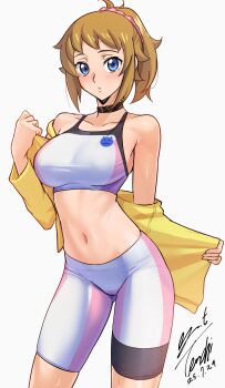 1girl absurdres bare_shoulders bike_shorts black_choker blue_eyes blush breasts brown_hair choker commentary_request dated gundam gundam_build_fighters gundam_build_fighters_try hair_ornament hair_scrunchie highres hoshino_fumina jacket large_breasts long_hair long_sleeves looking_at_viewer midriff navel off_shoulder open_clothes open_jacket pink_scrunchie pink_shorts pink_sports_bra ponytail scrunchie shorts signature simple_background solo sports_bra stomach sweat two-tone_shorts two-tone_sports_bra white_background white_shorts white_sports_bra yellow_jacket yoo_tenchi
