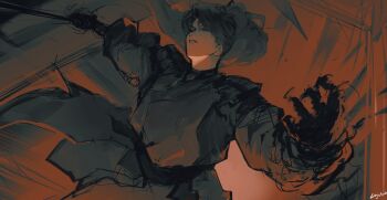 Rule 34 | 1boy, baggy clothes, black eyes, black hair, black robe, claw pose, clenched hand, cowboy shot, curtained hair, falling, hand up, high ponytail, highres, holding, holding sword, holding weapon, logicsterrr, long hair, male focus, ponytail, robe, serious, shadow slave, solo, sunny (shadow slave), sword, weapon