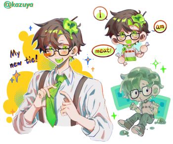 1boy artist_name bone brown_hair chinese_commentary commentary_request dream_smp english_text glasses green_eyes green_hair hat highres holding kafei146 male_focus minecraft_youtube monster_boy multiple_views necktie official_alternate_costume open_mouth pants shirt short_hair slime_(substance) slime_boy slimecicle smile speech_bubble suspenders white_background white_shirt