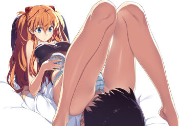 1boy 1girl ass ass_focus bare_legs bare_shoulders barefoot between_buttocks black_hair blue_eyes book breasts cameltoe closed_eyes clothes_writing curvy expressionless face_in_ass faceless faceless_male femdom hair_ornament hetero highres ikari_shinji interface_headset_(evangelion) knees_together_feet_apart legs legs_up long_hair long_legs lying lying_on_person manga_(object) medium_breasts meta multitasking neon_genesis_evangelion neon_genesis_evangelion_(manga) on_back open_book orange_hair panties reading sexually_suggestive shiny_skin short_hair sitting sitting_on_face sitting_on_person souryuu_asuka_langley striped_clothes striped_panties tank_top tatsuwo thighs twintails underwear very_long_hair wide_hips