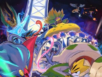 black_eyes chesnaught closed_mouth commentary delphox dragonite frown gen_1_pokemon gen_6_pokemon go-lurk greninja hawlucha malamar mega_chesnaught mega_delphox mega_dragonite mega_greninja mega_hawlucha mega_malamar mega_victreebel motion_blur night nintendo no_humans open_mouth outdoors pokemon pokemon_(creature) pokemon_focus shuriken tentacles victreebel weapon yellow_eyes