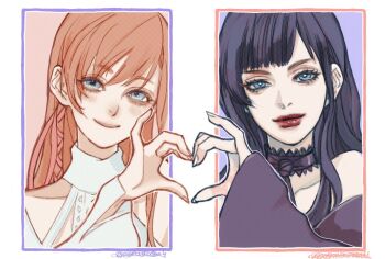 2girls aqua_eyes black_choker black_dress black_hair black_sleeves blue_eyes blue_pants blush border brown_hair choker closed_mouth dress final_fantasy final_fantasy_xiv fingernails gaia_(ff14) hair_ribbon heart heart_hands heart_hands_duo long_fingernails long_hair multiple_girls oyatsuredgray pants pink_background pink_ribbon red_lips ribbon ryne_waters single_sidelock smile upper_body white_border white_dress