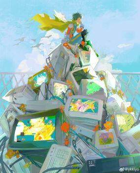1boy absurdres all_might bakugou_katsuki belt belt_pouch blue_bodysuit blue_sky bodysuit boku_no_hero_academia cape character_name chinese_commentary chromatic_aberration closed_mouth cloud computer computer_keyboard cpu crt cumulonimbus_cloud day dial_television fence floating_cape floating_hair flock flower flower_request from_side glitch gloves green_hair hand_up head_on_hand highres knee_up looking_ahead male_focus midoriya_izuku monitor multicolored_bodysuit multiple_monitors official_alternate_costume orange_flower pile plant pouch profile push-button short_hair simple_bird sky solo spoilers stack torn_cape torn_clothes trading_card two-tone_bodysuit vines watercolor_effect watermark weibo_watermark white_gloves wide_shot wind yellow_cape ykkiyo