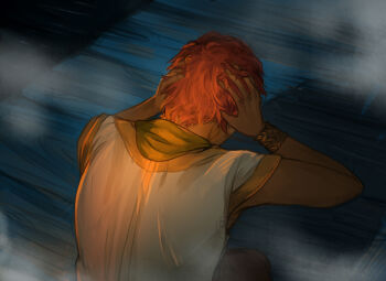 1boy arrapso bangle bracelet bridge curled_up curly_hair dark-skinned_male dark_skin facing_away fog from_above hand_on_own_head highres jewelry kneeling lake_of_voices lu_(lake_of_voices) male_focus messy_hair night non-web_source official_art pov red_hair shirt solo white_shirt