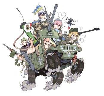 2girls 4boys ak-74m all-terrain_vehicle ammunition_pouch armband armored_vehicle assault_rifle balaclava beanie black_eyes black_hair blonde_hair blue_armband blue_eyes breast_tattoo breasts broken_glass broken_window brown_eyes bullet_hole bulletproof_vest camera cigarette combat_helmet cossack cossack_(polish_anon) crest dirt drawfag driving drone explosive facial_hair fgm-148_javelin forest_diver glass grenade grey_hair gun hat helmet humvee kalashnikov_rifle leaning_forward load_bearing_vest looking_at_screen machine_gun marichka mazepynka medium_breasts military military_combat_uniform military_fatigues military_hat military_operator military_patch military_uniform motor_vehicle multiple_boys multiple_girls muscular muscular_male mustache nazi non-web_source original pink_hair pkm pouch quadcopter rifle russo-ukrainian_war second-party_source sharp_teeth simple_background smoking soldier speech_bubble spinning swastika swastika_tattoo tattoo teeth third-party_edit torn_flag ukraine ukrainian_flag unlit_cigarette_in_mouth vehicle_focus weapon wheel white_background