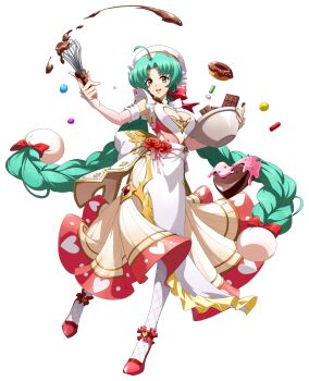 Rule 34 | 1girl, :d, ahoge, apron, baking, bare shoulders, bowl, braid, breasts, candy, candy bar, chef hat, chocolate, chocolate bar, chocolate heart, chocolate making, chocolate on hand, cleavage, cleavage cutout, clothing cutout, cooking, curtained hair, detached sleeves, donut, dress, flat top chef hat, floating, floating clothes, floating hair, floating object, flower, food, food on hand, frilled apron, frilled dress, frilled hat, frills, full body, game cg, gold trim, green hair, hair ribbon, hat, heart, heart-shaped food, highres, holding, holding bowl, holding whisk, langrisser, langrisser iv, langrisser mobile, leg up, long hair, looking at viewer, medium breasts, mixing, mixing bowl, multicolored dress, official alternate costume, official art, open mouth, orange eyes, pantyhose, parted bangs, pink dress, pink ribbon, pink sleeves, pleated dress, red flower, red ribbon, red rose, red shoes, ribbon, rose, schelfaniel (langrisser), second-party source, shoes, simple background, smile, solo, standing, standing on one leg, tachi-e, transparent background, twin braids, twintails, very long hair, waist ribbon, whisk, white apron, white hat, white pantyhose