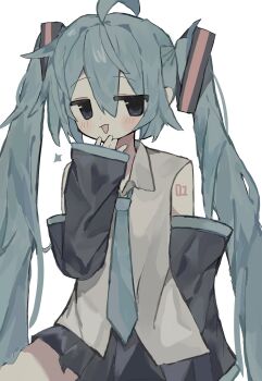 Rule 34 | 1girl, absurdres, ahoge, aqua hair, aqua necktie, collared shirt, commentary request, detached sleeves, hair ornament, hand to own mouth, hand up, hatsune miku, highres, long hair, long sleeves, looking at viewer, miniskirt, necktie, open mouth, shirt, simple background, skirt, sleeveless, sleeveless shirt, sleeves past wrists, solo, twintails, very long hair, vocaloid, white background, yatsu (dolkz1455y75969)
