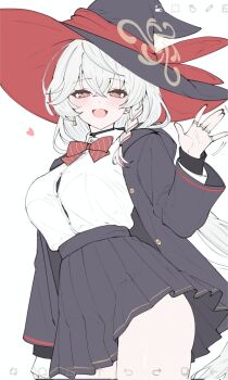 1girl art_program_in_frame black_hat black_skirt blue_archive blush bow bowtie braid breasts collared_shirt eri_(blue_archive) hair_between_eyes halo hat highres jacket jewelry large_breasts long_hair long_sleeves looking_at_viewer multiple_rings open_clothes open_jacket open_mouth pleated_skirt red_bow red_bowtie ring school_uniform shirt simple_background skirt smile solo standing wa_sumi waving white_background white_hair white_shirt witch_hat