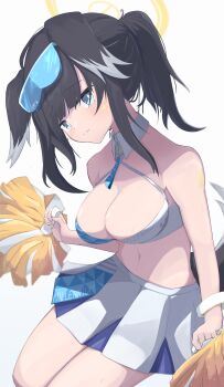 1girl absurdres animal_ears black_hair blue_archive blue_eyes breasts cheerleader cleavage closed_mouth commentary_request dog_ears dog_girl dog_tail goggles goggles_on_head halo hibiki_(blue_archive) hibiki_(cheer_squad)_(blue_archive) highres holding holding_pom_poms long_hair looking_at_viewer medium_breasts millennium_cheerleader_outfit_(blue_archive) navel official_alternate_costume pom_pom_(cheerleading) pom_poms simple_background skirt solo star_(symbol) star_sticker sticker sticker_on_face tai_yake tail white_background yellow_halo