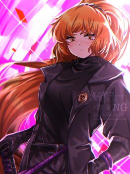 Rule 34 | 1girl, belt, black belt, black coat, black gloves, black pants, black sweater, closed mouth, coat, gloves, high ponytail, highres, ishmael (project moon), jeong's office (identity) (project moon), lapels, limbus company, long sleeves, looking at viewer, notched lapels, orange eyes, orange hair, pants, ponytail, project moon, rug (yurari606), solo, sweater
