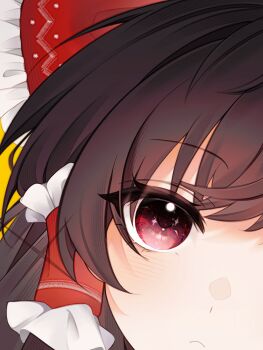 1girl artist_request black_hair bow close-up closed_mouth commentary_request diamond_in_eye eye_focus frilled_bow frilled_hair_tubes frills hair_bow hair_tubes hakurei_reimu highres looking_at_viewer red_bow red_eyes solo thick_eyelashes touhou yellow_background