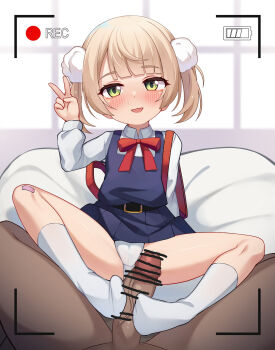 1boy 1girl backpack bag bandaid bandaid_on_knee bandaid_on_leg battery_indicator bean_bag_chair blonde_hair blush bow bowtie cameltoe censored collared_shirt commentary_request crime_prevention_buzzer dress erection footjob green_eyes hair_ornament highres holding_with_feet indie_virtual_youtuber kneehighs loli long_sleeves looking_at_viewer luxuriou_s no_shoes panties penis picture_frame pinafore_dress pleated_dress pom_pom_(clothes) pom_pom_hair_ornament pov pov_crotch precum randoseru recording red_bow red_bowtie shigure_ui_(vtuber) shigure_ui_(young)_(vtuber) shirt short_hair sitting skirt sleeveless sleeveless_dress socks spread_legs sweatdrop underwear v virtual_youtuber white_panties white_shirt wooden_floor
