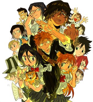 6+boys 6+girls absurdres adjusting_eyewear arisawa_tatsuki asano_keigo beard_stubble black_hair black_kimono black_skirt bleach bow bowtie breasts brown_hair collared_shirt facial_hair furrowed_brow glasses grin hair_between_eyes hair_ornament hair_over_one_eye hairclip highres honshou_chizuru inoue_orihime ishida_uryuu japanese_clothes kimono kon_(bleach) kuchiki_rukia kurosaki_ichigo kurosaki_isshin kurosaki_karin kurosaki_yuzu light_blush long_hair medium_breasts multiple_boys multiple_girls oogawa_michiru orange_hair parted_bangs red_bow red_bowtie red_hair sado_yasutora school_uniform shaded_face shihakusho shirt skirt smile spiked_hair striped_hat stubble stuffed_animal stuffed_lion stuffed_toy sweat teeth upper_body urahara_kisuke white_background white_shirt x_hair_ornament xi_luo_an_ya