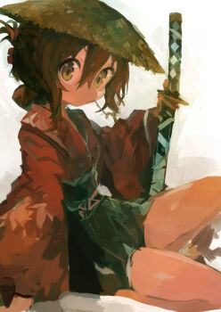 1girl absurdres ajirogasa alternate_costume black_hakama brown_eyes brown_hair closed_mouth commentary_request folded_ponytail hair_between_eyes hakama hakama_skirt hat highres holding holding_sword holding_weapon inazuma_(kancolle) japanese_clothes kaamin_(mariarose753) kantai_collection katana kimono long_sleeves looking_at_viewer mouth_hold red_kimono simple_background sitting skirt solo stalk_in_mouth sword weapon wide_sleeves