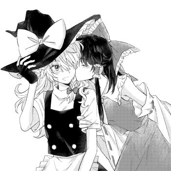 2girls apron ascot blush bow braid chinese_commentary closed_eyes collared_shirt commentary_request detached_sleeves fingerless_gloves frilled_bow frilled_hair_tubes frilled_shirt_collar frills gloves greyscale hair_bow hair_over_one_eye hair_tubes hakurei_reimu hand_on_headwear hat hat_bow highres hitte5416 kirisame_marisa kiss kissing_cheek leaning_forward long_hair long_sleeves monochrome multiple_girls open_mouth shirt side_braid single_braid skirt sleeveless sleeveless_shirt touhou vest waist_apron witch_hat yuri