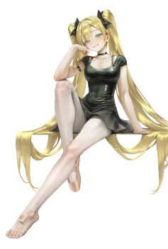 Rule 34 | 1girl, absurdres, arm strap, ballerina, ballet dress, ballet slippers, bangsom, black bow, black choker, black dress, blonde hair, blue eyes, blush, bow, choker, collarbone, commentary request, covered navel, dress, elbow on knee, full body, grin, hair bow, hair flowing over, highres, invisible chair, knee up, long hair, mole, mole under eye, nora (bangsom), original, pantyhose, pink shoes, shoes, simple background, single shoe, sitting, smile, solo, sweat, twintails, very long hair, white background, white pantyhose