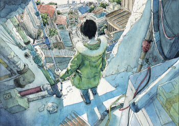 1other androgynous black_hair broken_wall building cable coat colored_skin commentary from_above from_behind fur-trimmed_coat fur_trim green_coat highres industrial_pipe long_sleeves morning original painting_(medium) pants plant potted_plant rooftop shadow short_hair standing suburb traditional_media valve watercolor_(medium) white_skin yuroy_kawano