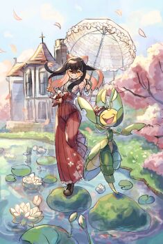 1girl :d ^_^ alternate_costume black_hair carmine_(pokemon) cherry_blossoms closed_eyes crossed_bangs falling_petals gen_5_pokemon hair_between_eyes happy highres holding holding_umbrella leavanny lily_pad long_hair matsuda_(0yx38755230263c) nintendo on_rock open_mouth outdoors petals pokemon pokemon_(creature) pokemon_sv smile solo standing standing_on_one_leg umbrella water