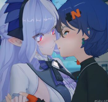 2girls 3d belle_(zenless_zone_zero) black_bow black_bowtie black_shirt blue_hair bow bowtie caldier_fshh commentary earrings fingerless_gloves gloves highres holding_hands imminent_kiss interlocked_fingers jewelry long_hair mikumikudance_(medium) multiple_girls necklace orange_gloves parted_lips pointy_ears purple_bow purple_bowtie purple_hair red_eyes shirt short_hair symbol-only_commentary twitter_username vivian_banshee yuri zenless_zone_zero