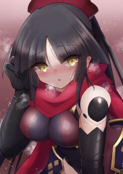 1girl absurdres black_hair blush breasts commentary_request fate/grand_order fate_(series) heavy_breathing highres joints katou_danzou_(fate) long_hair looking_at_viewer mechanical_arms medium_breasts moyashi_(pixiv44153669) open_mouth ponytail robot_girl robot_joints yellow_eyes