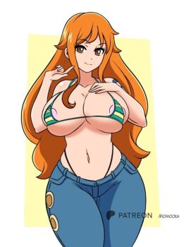 1girl areola_slip bikini blue_pants breasts brown_eyes bursting_breasts cleavage collarbone denim green_bikini hand_on_own_chest highleg highleg_bikini huge_breasts index_finger_raised jeans long_hair looking_at_viewer micro_bikini momocka-art nami_(one_piece) one_piece orange_hair pants shoulder_tattoo smile standing striped_bikini striped_clothes swimsuit tattoo thick_thighs thighs white_background wide_hips