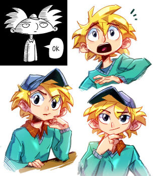 1boy arnold_shortman blonde_hair blue_eyes child commentary english_commentary hat hey_arnold! long_sleeves male_focus meme_request multiple_persona one-punch_man open_mouth rj_balbuena shirt short_hair simple_background solo