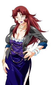 1girl ^_^ akanejima_ranga bracelet breasts casual cleavage closed_eyes dress game_cg gan-chan_(artist) hand_on_own_hip hitozuma_sentai_aisaiger jacket jewelry large_breasts large_variant_set lipstick long_hair makeup mature_female mole mole_under_eye necklace non-web_source official_art purple_lips red_hair ring side_slit smile solo standing transparent_background variant_set