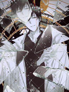 1boy :d black_shirt blood bloody_tears broken_glass coat collared_shirt cowboy_shot crown demon_horns film_reel glass grin hand_up highres horns kim_dokja light_particles looking_at_viewer male_focus omniscient_reader&#039;s_viewpoint open_clothes open_coat open_mouth shirt smile sun_behind_head toupou39 white_coat yellow_blood